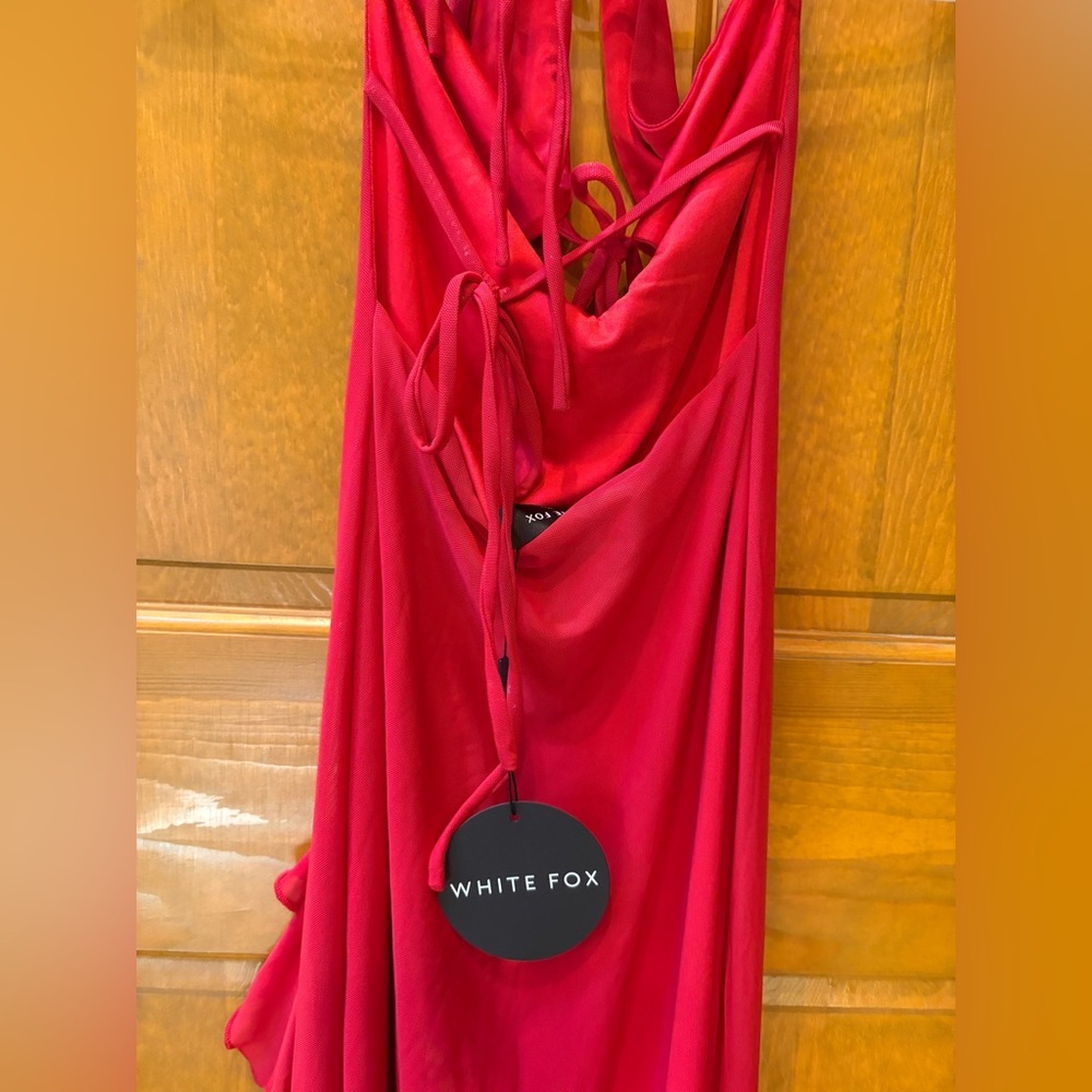 White Fox Boutique Red Halter Maxi Dress with Ruffle Slit - Picture 12 of 14